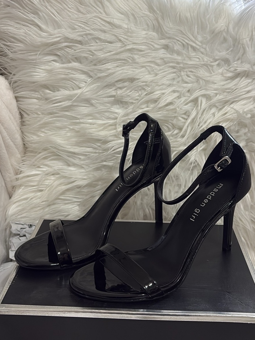 Madden Girl Black Patent Ankle-Strap Stiletto Sandals